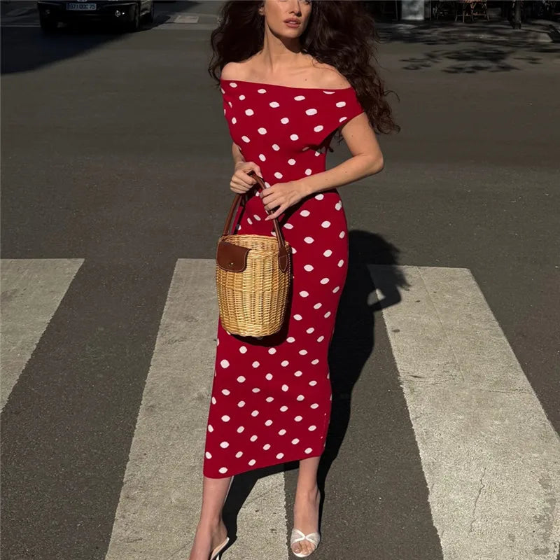 Sexy Women Red Polka Dot Off Shoulder Bodycon Midi Dress Elegant Sleeveless Knit Slim Fit Party Evening Summer Dress