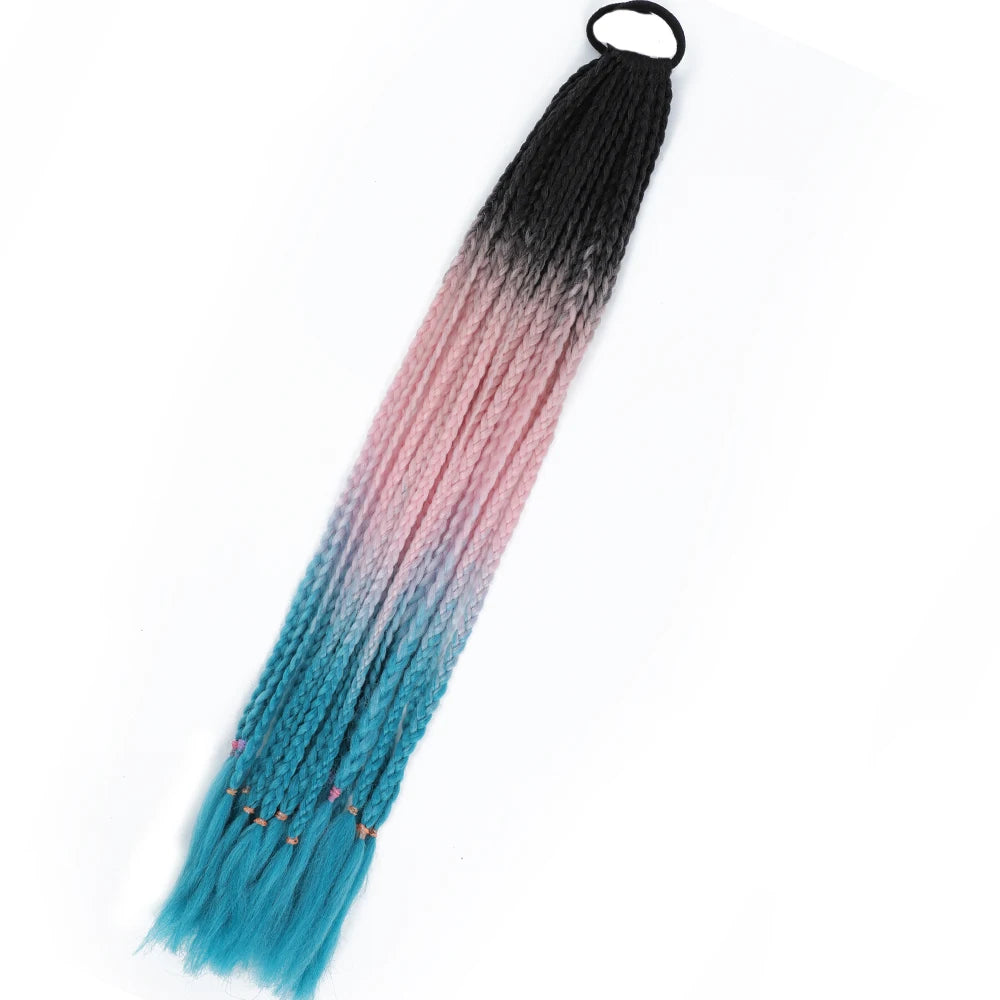 Synthetic 24inch Girls Colored Box Braided Ponytail With Elastic Rubber Band Hair Extensions Rainbow Color Box Pigtail Hairpiece