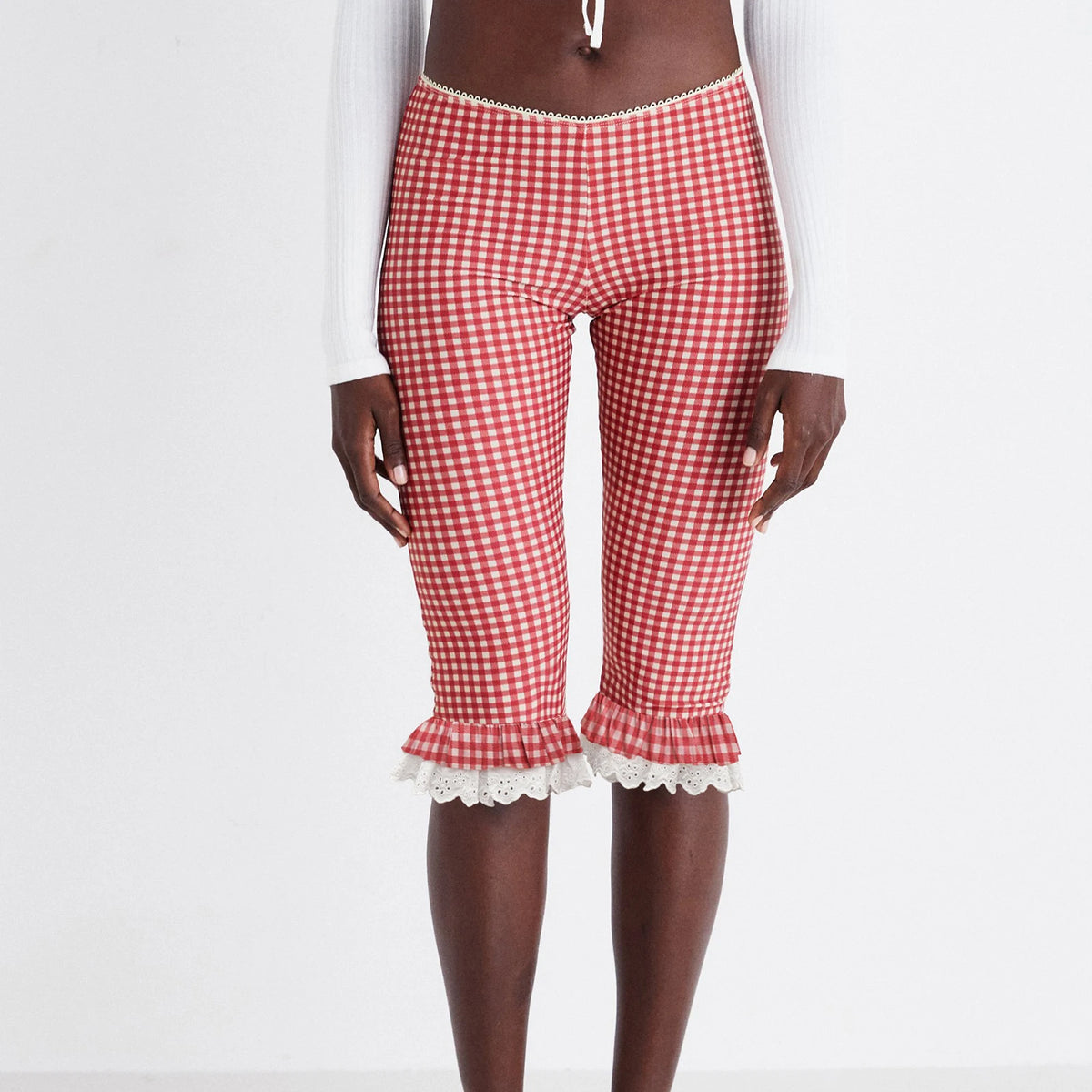 Lace Trim Capri Leggings for Women Y2K Plaid Low Waist Knee Length Crop Pants Summer Cute Going Out Tights Pants