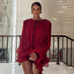Elegant Womens Ruffle Mini Dress Long Lantern Sleeve Tie-up Front Solid Color Pleated Dress Short Flowy Dress Party Club