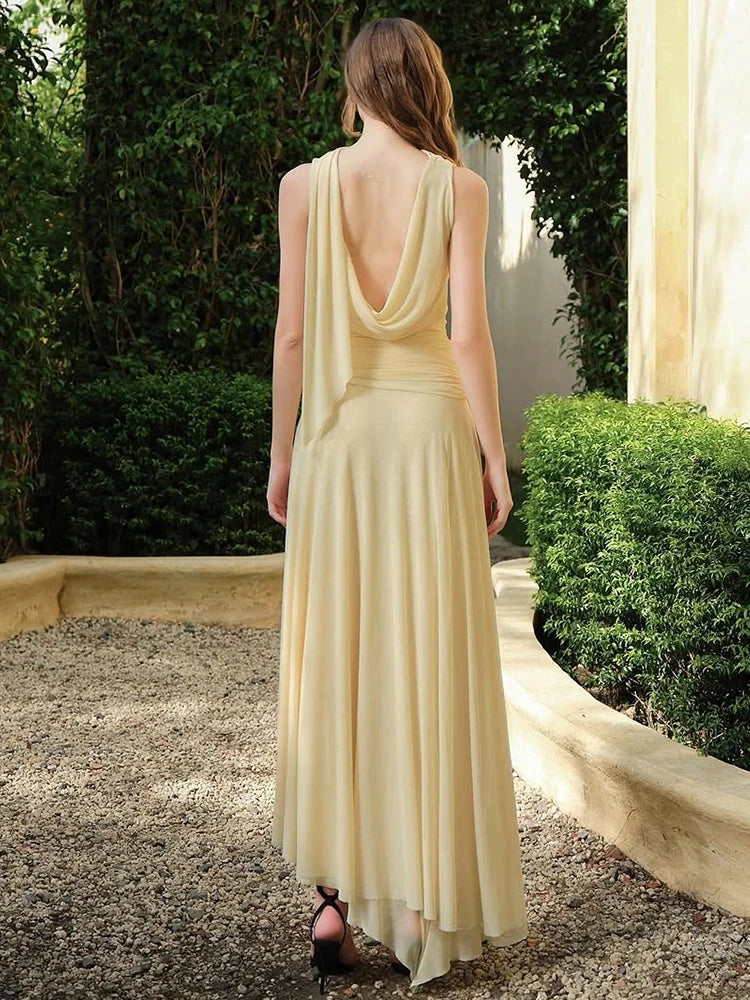 Bandage Tassel Dress Women Y2K Simple Swing Collar Sleeveless Irregular Hem Beach Party Elegant Banquet Chic Vestidos