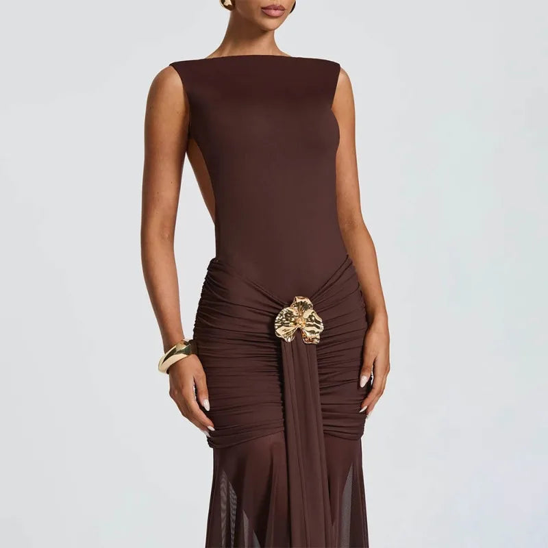 Sleeveless Backless Split Pleated Maxi Dress Elegant Sexy Evening Party Dresses for Wedding Guest