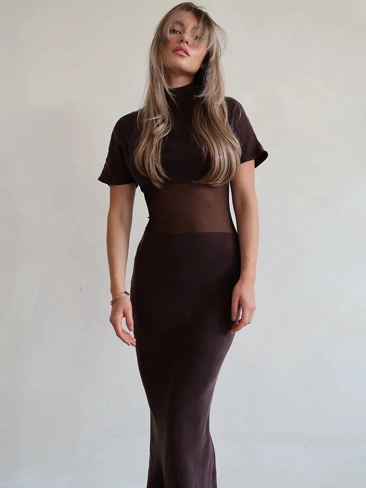 Turtleneck Short Sleeve Sexy Maxi Dress Women Gown Elegant Patchwork Mesh Sheer Backless Bodycon Club Party Long Dress