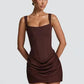 Backless Ruched Sexy Mini Dress Women Elegant Tapered Straps Square Collar Sleeveless High Waist Club Party Dress