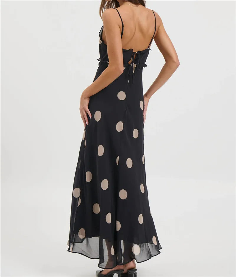 Women Summer Y2k Chiffon Maxi Dress V Neck Sleeveless Backless Polka Dot Print Ruffles Club Party Vacation Bodycon Dress