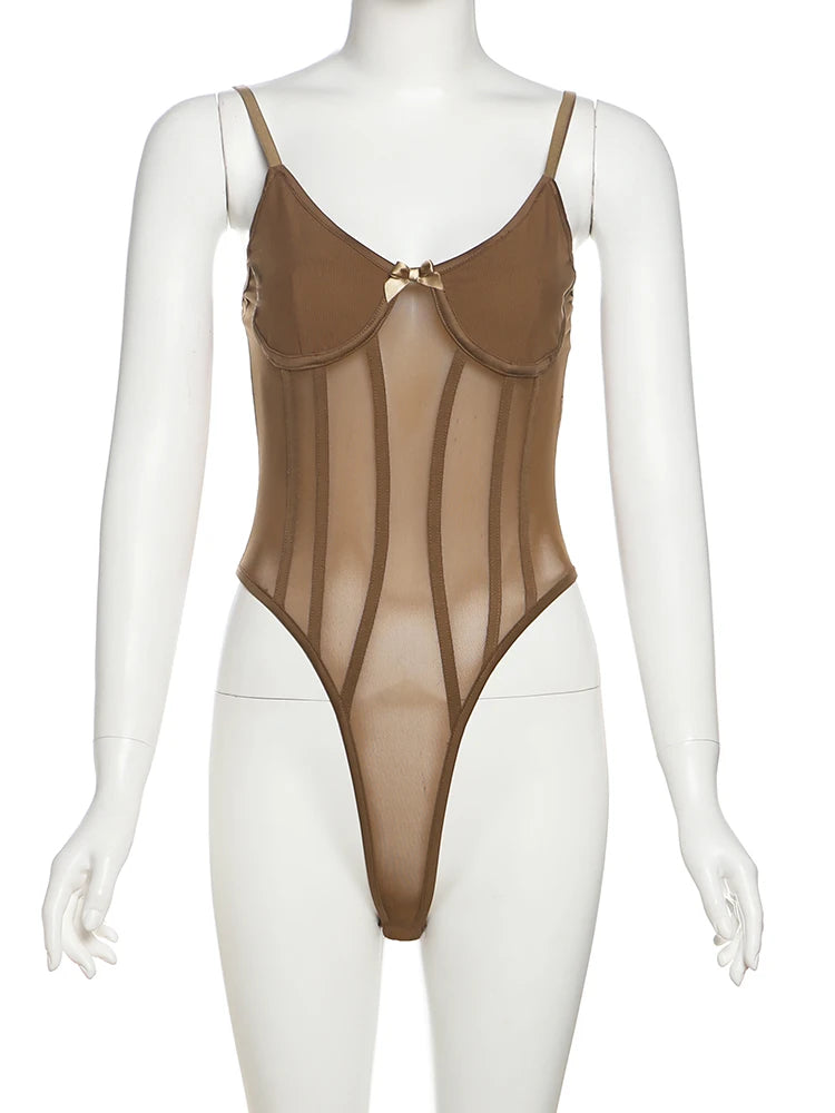 Sexy See Through Bodysuit Women Bow Sleeveless Low Neck Backless Midnight Street Clubwear Stretch Skinny Trend Vest