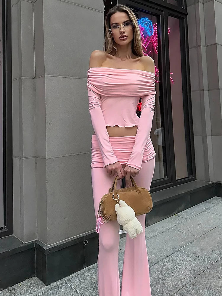 Ruched Elegant 2 Piece Set Woman Slash Neck Backless Navel Exposed Tops+Elastic Waist Long Pants Casual Style Suits