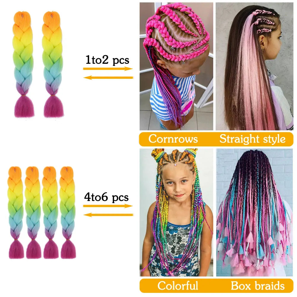 24 Inch Jumbo Box Braids Extensions Synthetic Braiding Hair DIY Hair Braids For Children Pink Purple Yellow Gray