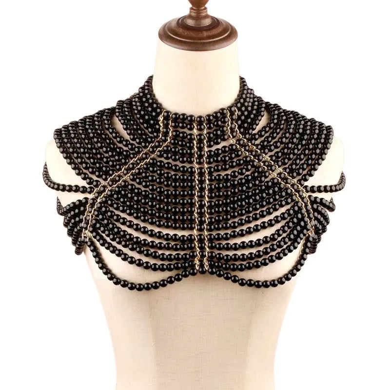 Women Handmade Multi Layer Pearl Beaded Shoulder Shawl Body Chain Necklace Elegant Wedding Party Jewelry Accessory
