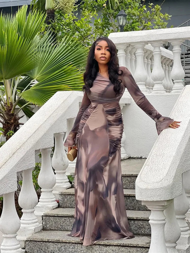 Sexy Tie Dye Dress Women Patchwork Mesh Ruched Flared Long Sleeve Stretch Tight Midnight Party Street Long Bodycon