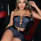 Sexy Shirring 2Piece Set Women Leather Edging Strapless Top+Shorts Hipster Coquette Matching Party Summer Clubwear