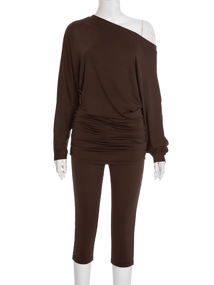 Fashion 2 Piece Set Women Tracksuit Inclined Shoulder Crop Tops+Lapel Bike Shorts Matching Streetwear Slim Casual Outfits