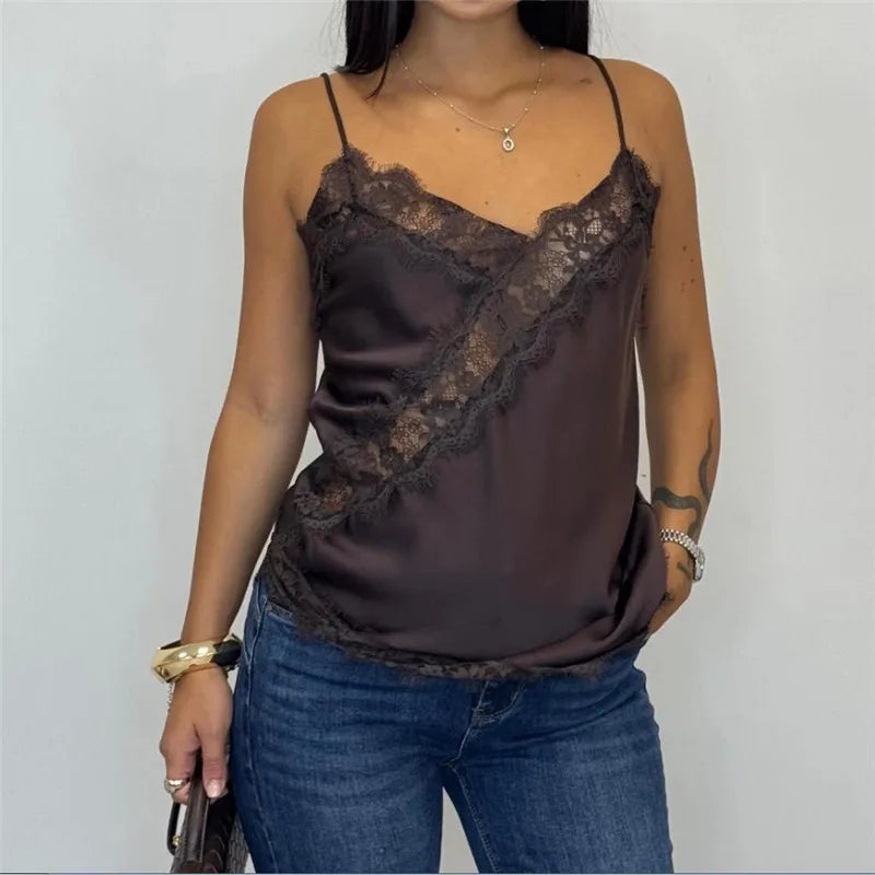 Women Lace Silk Satin Tank Tops Y2k Fairy V Neck Camisole Sleeveless Spaghetti Strap Summer Going Out Tops Streetwear