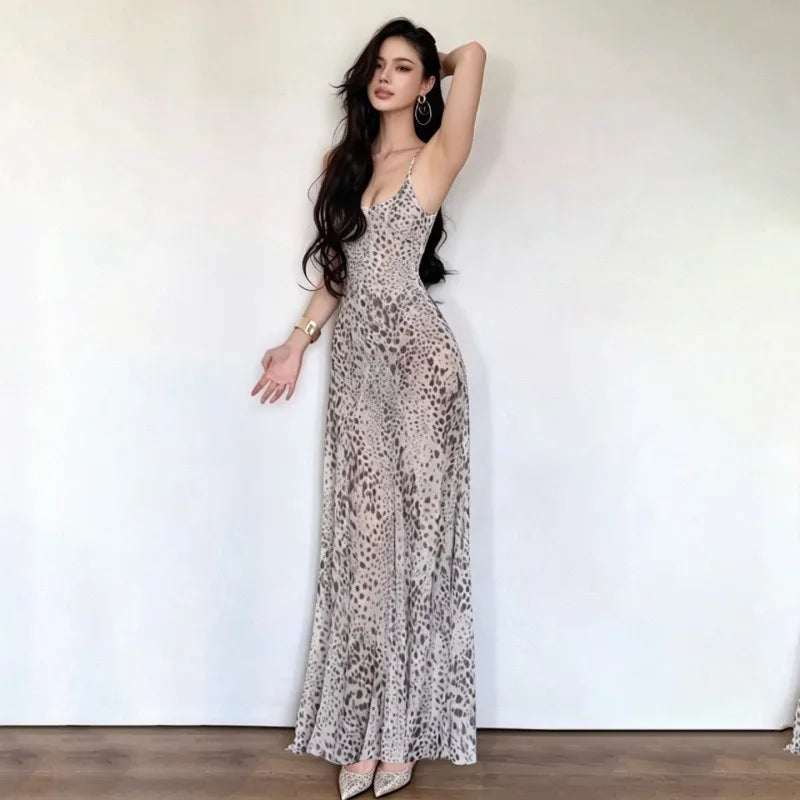 Leopard Print Mesh Sheer Spaghetti Strap Maxi Dress Elegant Flowing A-line Dresses for Woman Vacation Outfits