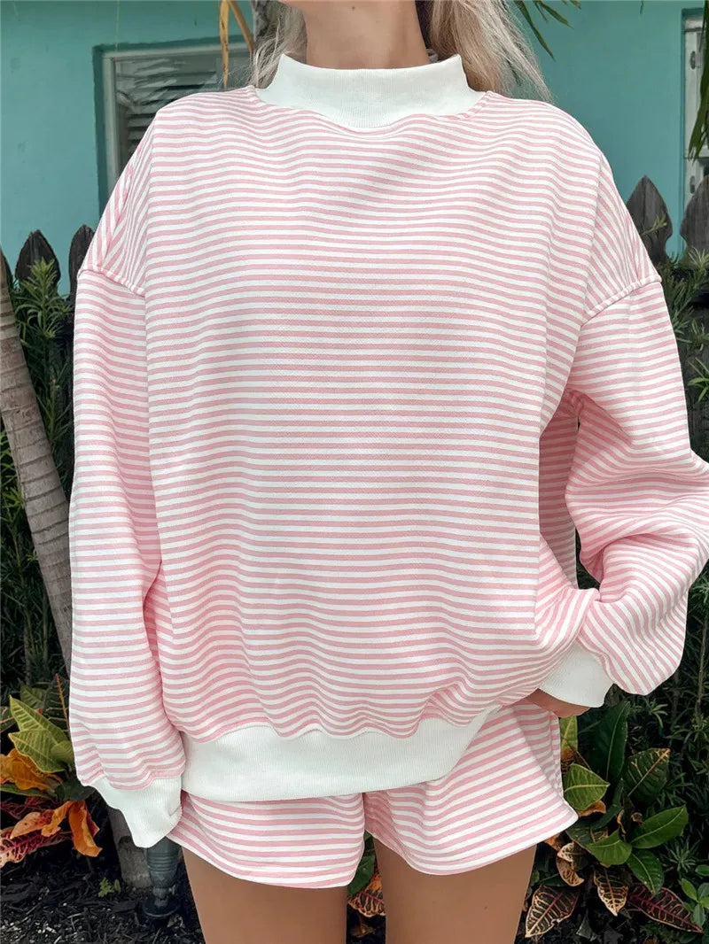 Women Mock Neck Striped Loungewear Two Piece Set Oversized Long Sleeve Sweatshirt And Shorts Casual Pajama Outfit