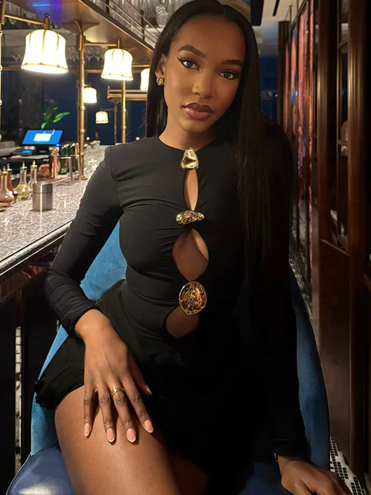 Hollow Out Long Sleeve Sexy Mini Dress Women Autumn Winter Button O Neck High Waist Ruched  Club Party Dresses Elegant