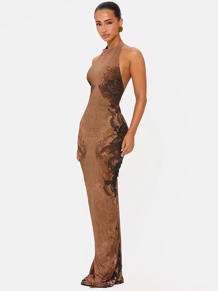 Lace Halter Backless Sexy Maxi Dress Women Elegant Floral Print Sleeveless Bodycon Club Party Long Dresses Female