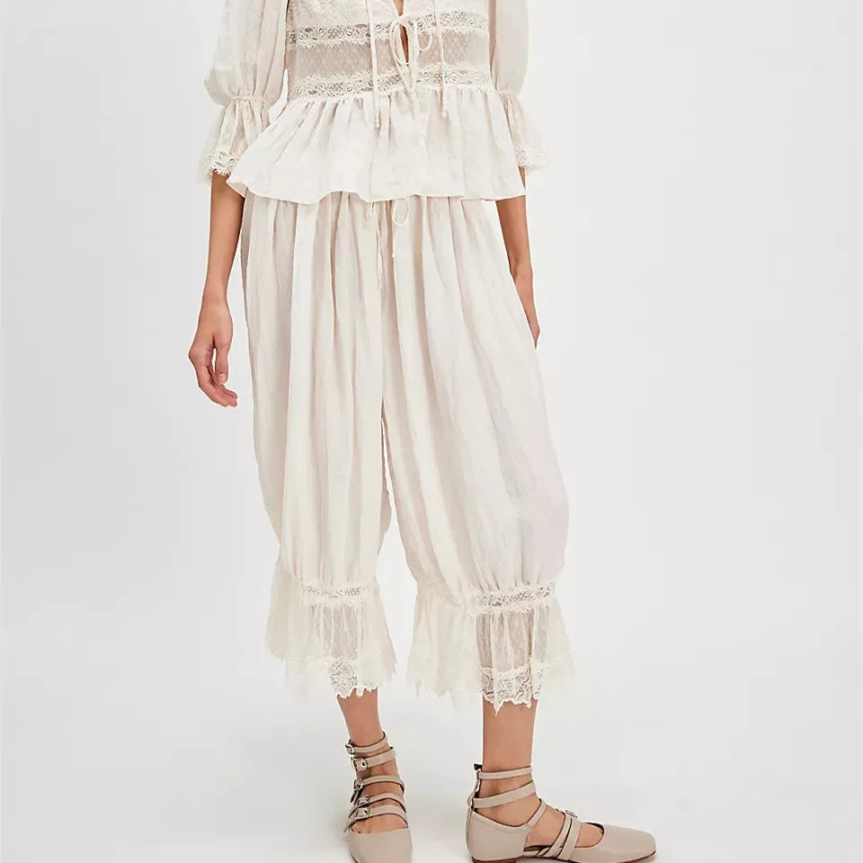 Women Ruffle Long Bloomer Y2k Lace Trim Pettipants Pantaloons Mid Rise Cropped Pajama Pants Under Dress Slips