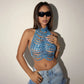 Women Crystal Chain Halter Crop Top Backless Rhinestone Linked Discs Bralette Sexy Sparkly Body Jewelry Party Clubwear