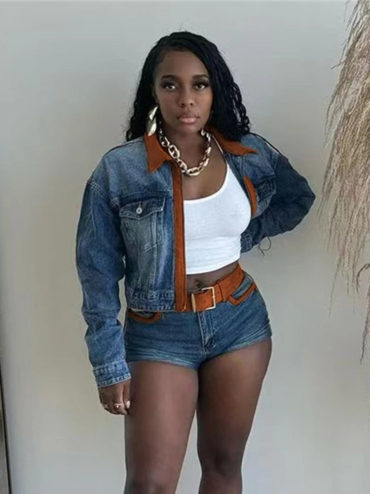 Denim Hipster 2piece Set Woman Pocket Zip Polo-Neck Crop Jacket+Skinny Shorts Street Vintage Casual Matching Outfits