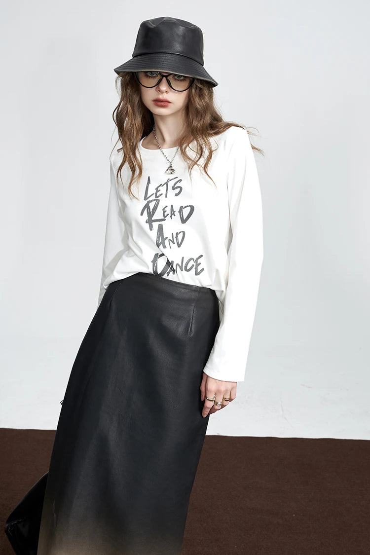 Women's Long Sleeve White T-Shirt with Letter Print, Casual Round Neck Graphic Tee for Everyday, Basic White Top