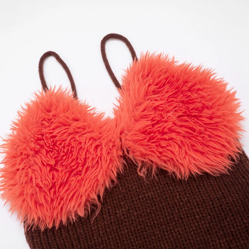 Knit Furry Tank Tops Women Sweet V-Neck Contrast Patchwork Rolled Hem Vacation Midnight Party Club Basic Slim Vest