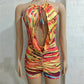 Halter Striped Print Playsuit Women Sexy Summer Colorful Hollow Bandage Backless Sleeveless Stretch Streetwear Romper