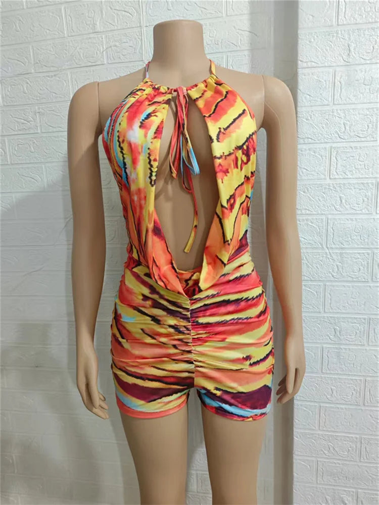 Halter Striped Print Playsuit Women Sexy Summer Colorful Hollow Bandage Backless Sleeveless Stretch Streetwear Romper