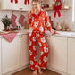 Satin Women Christmas Pajama Set Ruffle Trim Long Sleeve Shirt And Pants Santa Candy Cane Print Holiday Sleepwear
