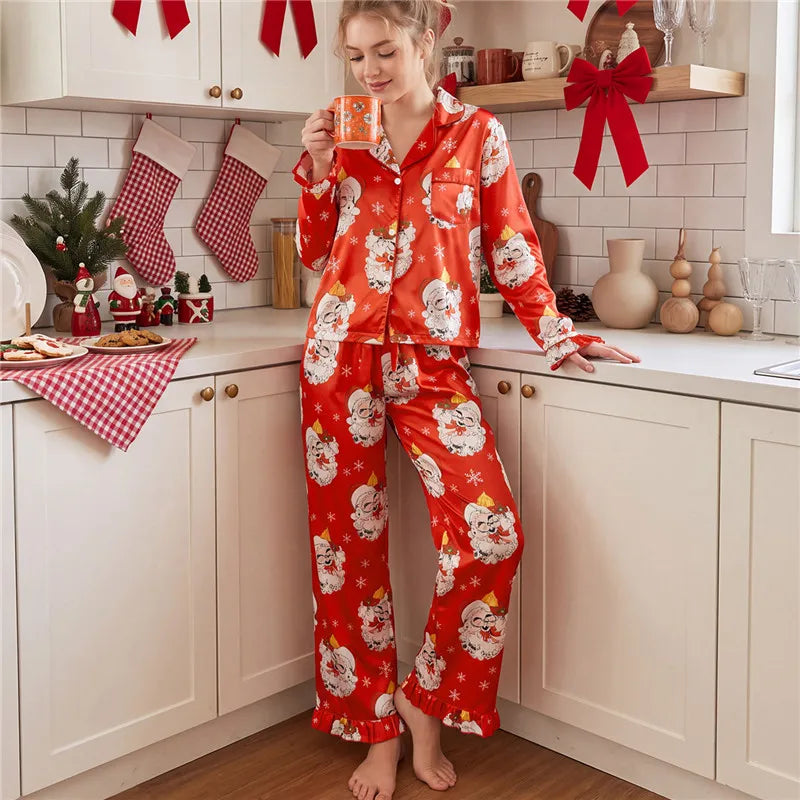 Satin Women Christmas Pajama Set Ruffle Trim Long Sleeve Shirt And Pants Santa Candy Cane Print Holiday Sleepwear