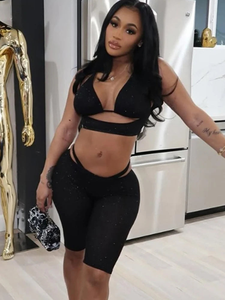 Women Sexy Fashion 4 Piece Set Wild Hollow Vest+Solid Bra+Briefs+Skinny Peach Hip Shorts Midnight Club Party Outfits