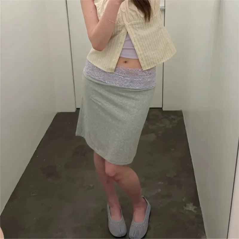 Low Waist Lace Trim Midi Skirt Women Casual Solid/Striped Bodycon Skirt Y2K Streetwear Fashion Mid-Length Pencil Skirt