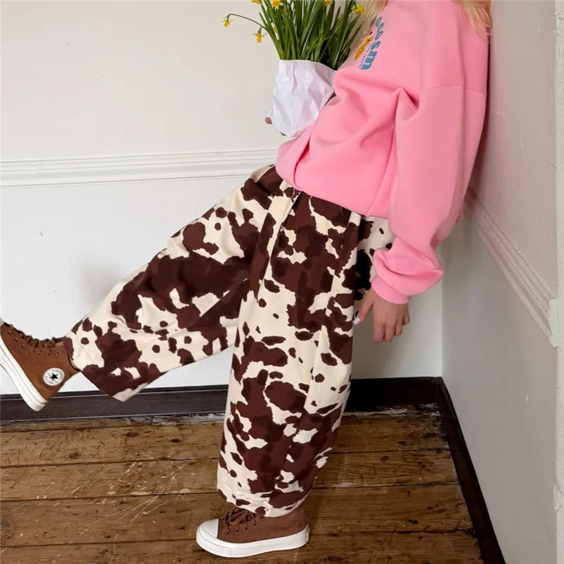 Harajuku Women Cow Print Zebra Print Baggy Wide Leg Pants Elastic High Waist Pleated Oversized Casual Long Trousers
