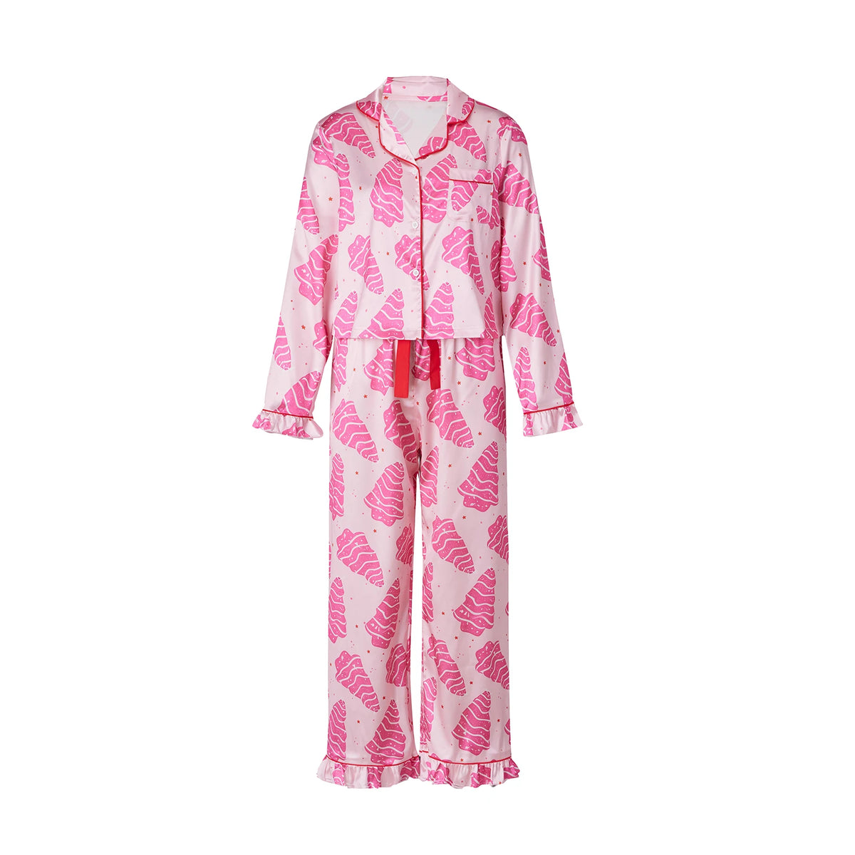 Satin Women Christmas Pajama Set Ruffle Trim Long Sleeve Shirt And Pants Santa Candy Cane Print Holiday Sleepwear