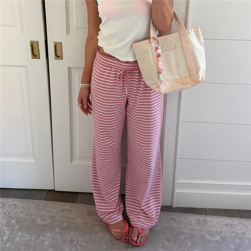 Women Ruffle Drawstring Elastic Waist Striped Wide Leg Pants Soft Loose Lightweight Beach Casual Daily Wear Trousers