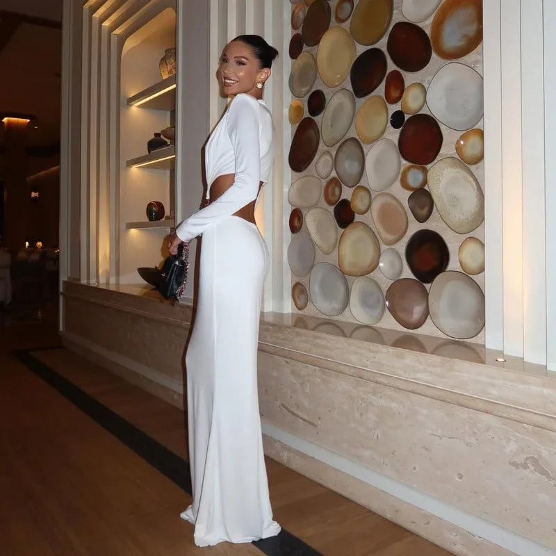 Deep V Neck Cutout Long Sleeve Maxi Dresses for Woman White Sexy Outfits Evening Party Dress for Dinner