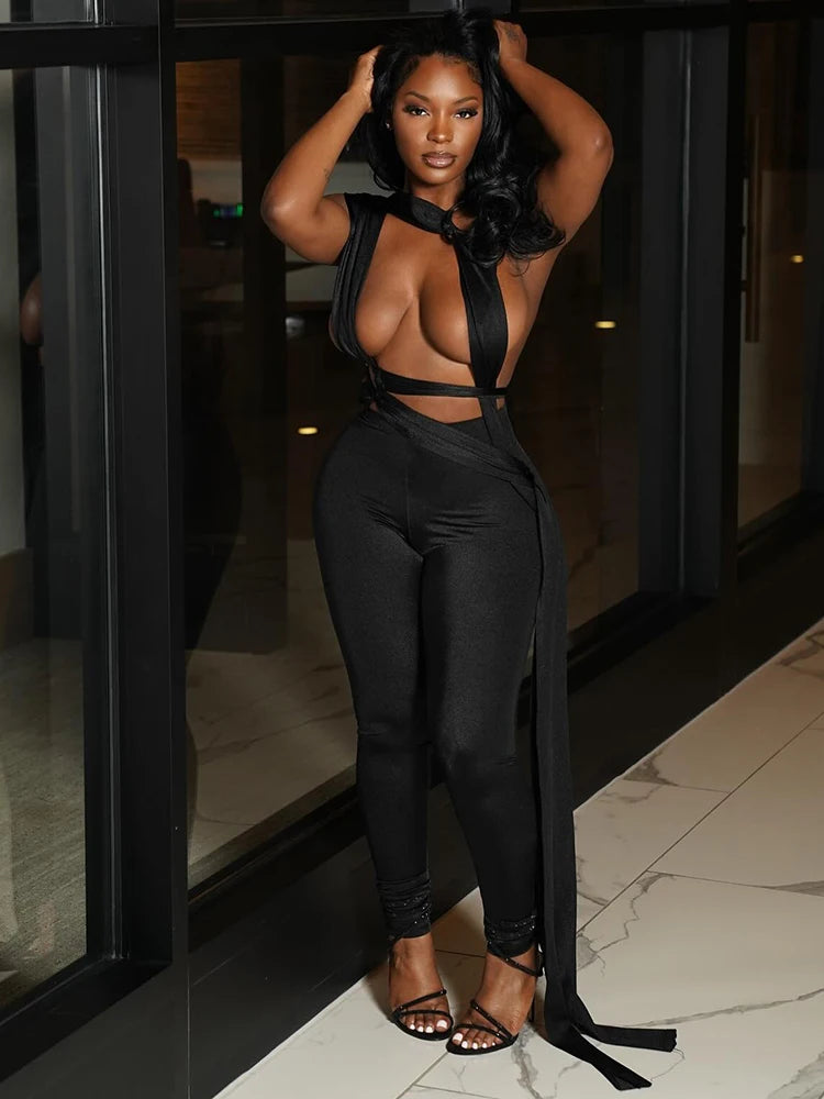 Hollow Bandage Jumpsuit Women Sexy Summer Sleeveless Backless Irregular Ribbon Midnight Clubwear Workout Overalls