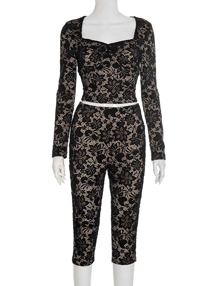 Double Jacquard Women 2 Piece Set Full Sleeve Square Collar Crop Tops+Bike Shorts Matching Streetwear Skinny Outfits