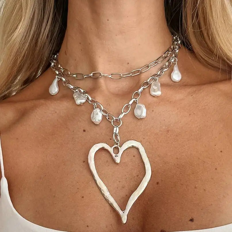 Vintage Large Heart Pendant Choker Necklace for Women, Trendy Boho Imitation Pearl Chain, Wedding Neck Jewelry, New, 2Pcs Set