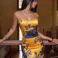 Sexy Floral Print 2 Piece Set Women Trend Square Collar Tank Top+Beads Tassel Patchwork Skirt Fashion Party Suits