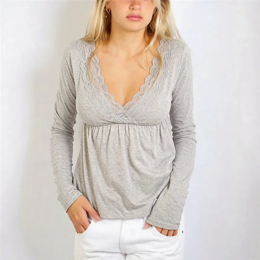 Women Y2K Lace V Neck Babydoll Blouse Long Sleeve Empire Waist Loose Solid Color Vintage Casual Daily Spring Fall Tops