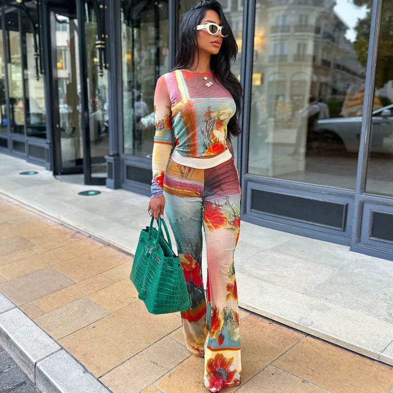 Abstract Print Long Sleeve Top and Flare Pants Two Piece Set Women Outfit 2023 Trending Winter Matching Sets
