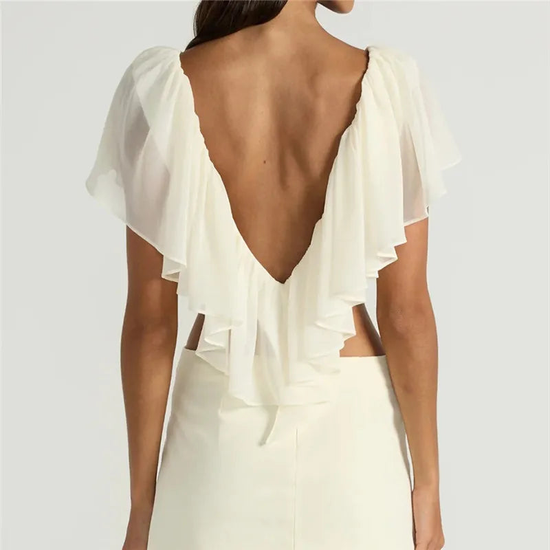 French Coquette Ruffle Blouse V Neck Open Back Flowy Short Sleeve Top with Tiered Layers Date Night Party Summer Outfits
