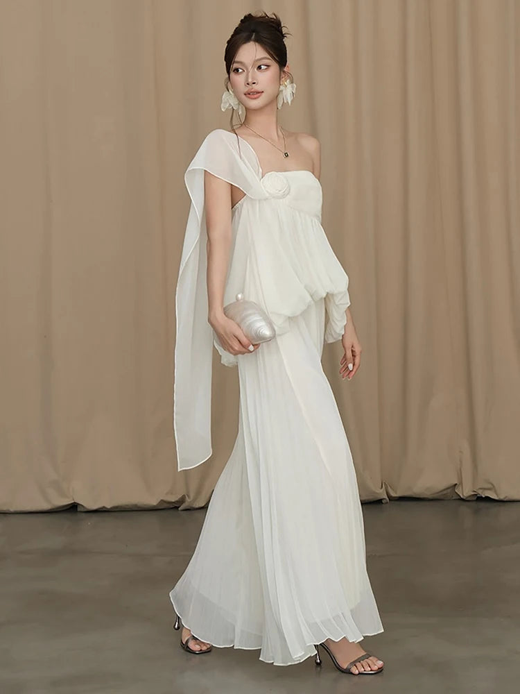 3d Flower Decoration Maxi Dress Women Mesh Tassel Chest Wrap Folds Solid Elegant Wedding Party Vacation Vestidos