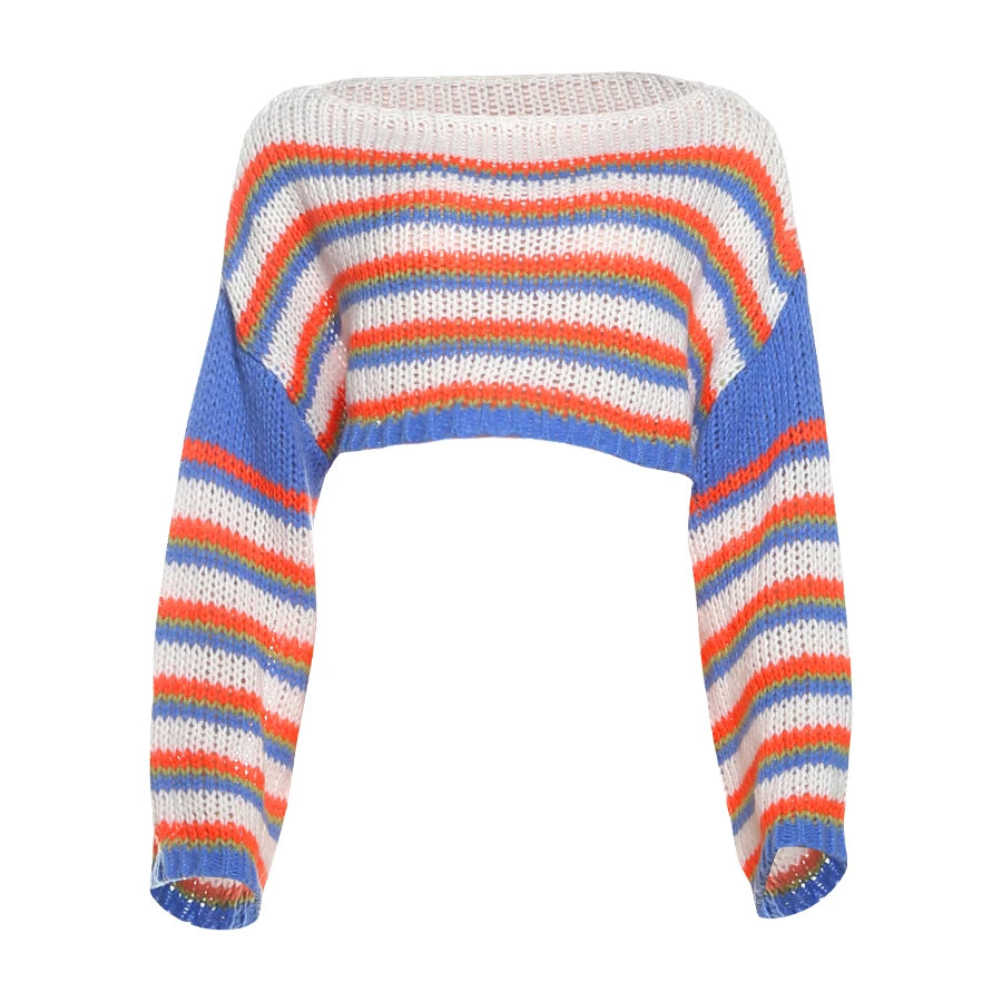 Colorful Striped Crop Sweater Women Hipster Long Sleeve Slash Neck Casual Christmas Activity Streetwear Pullover Tops