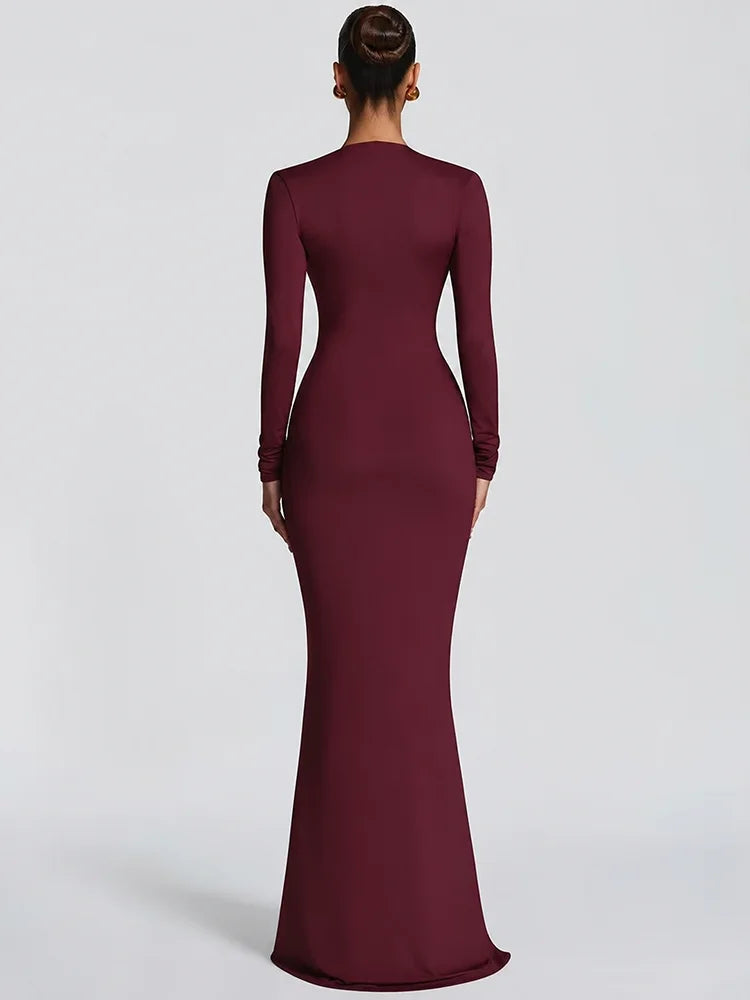 Deep V Neck Long Sleeve Sexy Maxi Dress Women Gown Spring Elegant Draped Ruched Bodycon Club Party Long Dresses Female