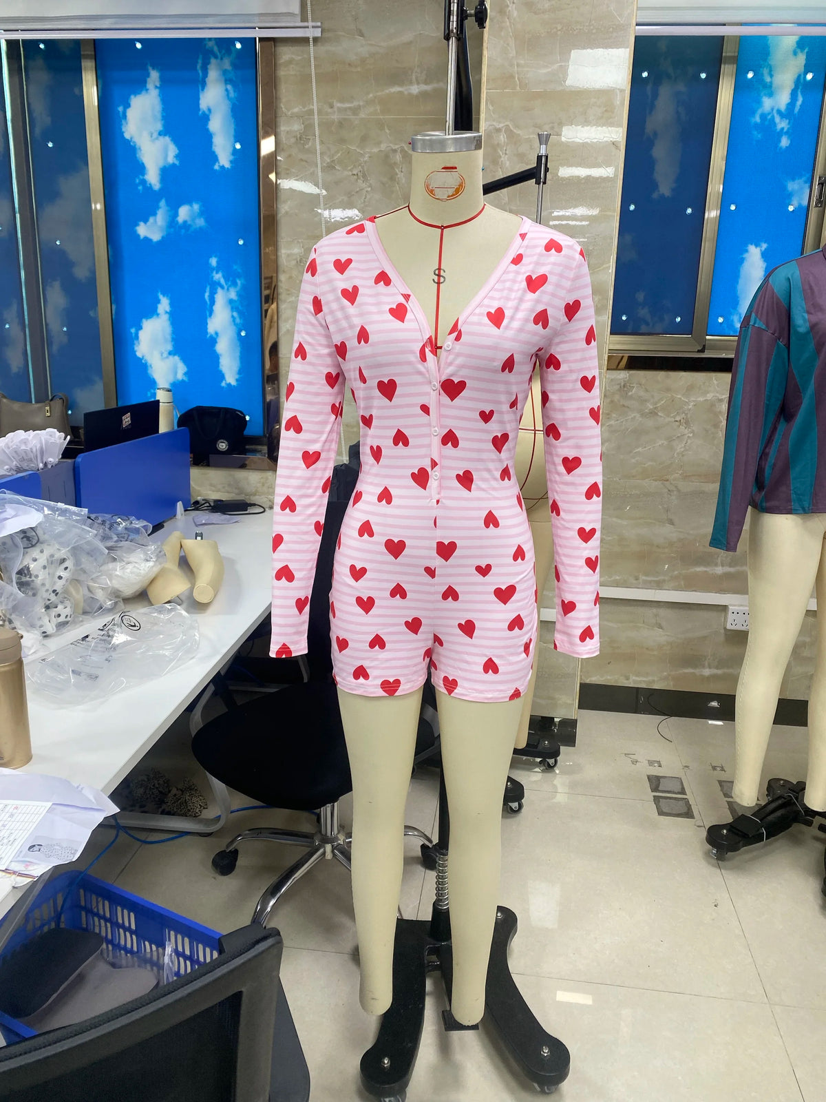Women Valentines Day Jumpsuit Pajama Romantic Heart Print Long Sleeve V Neck Button Front Shorts Romper Fitted Sleepwear