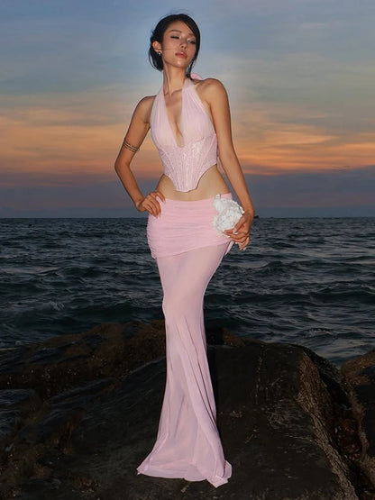 Sexy 2-Piece Set Women Halter Patchwork Fishbone Irregular Hem Deep v-Neck Vest+Folds Mesh Tassel (Long) Skirt Suit