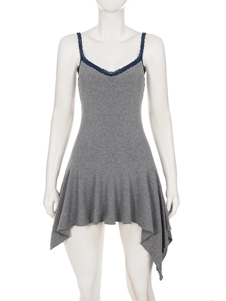 Women Gray Lace Trim Cami Sexy Mini Dress Women Elegant Spaghetti Strap Sleeveless Backless Asymmetric Hem Club Dresses