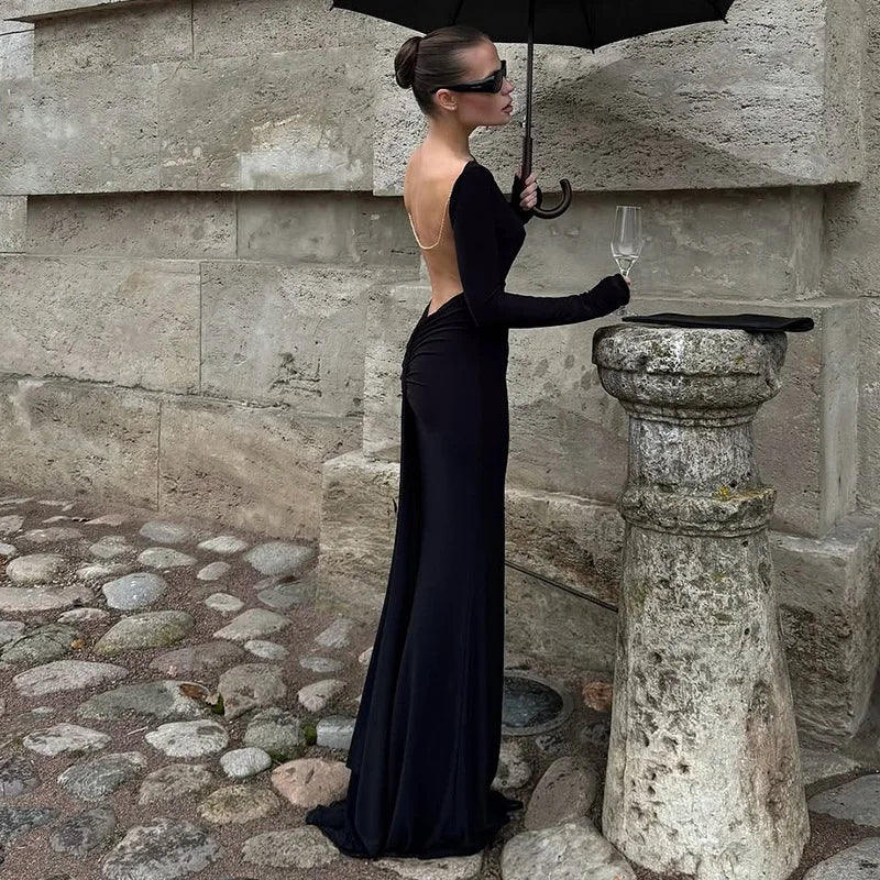 Chain Backless Long Sleeve Maxi Dress Black Prom Gowns Elegant Sexy Evening Party Dresses for Woman